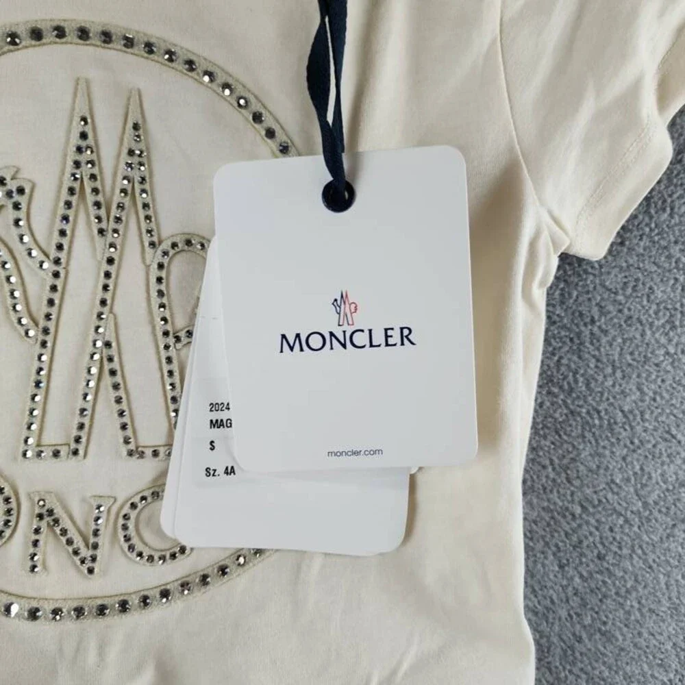 Moncler Logo Studded Graphic T-Shirt Girls 4A Cream Short Sleeve Crew Neck